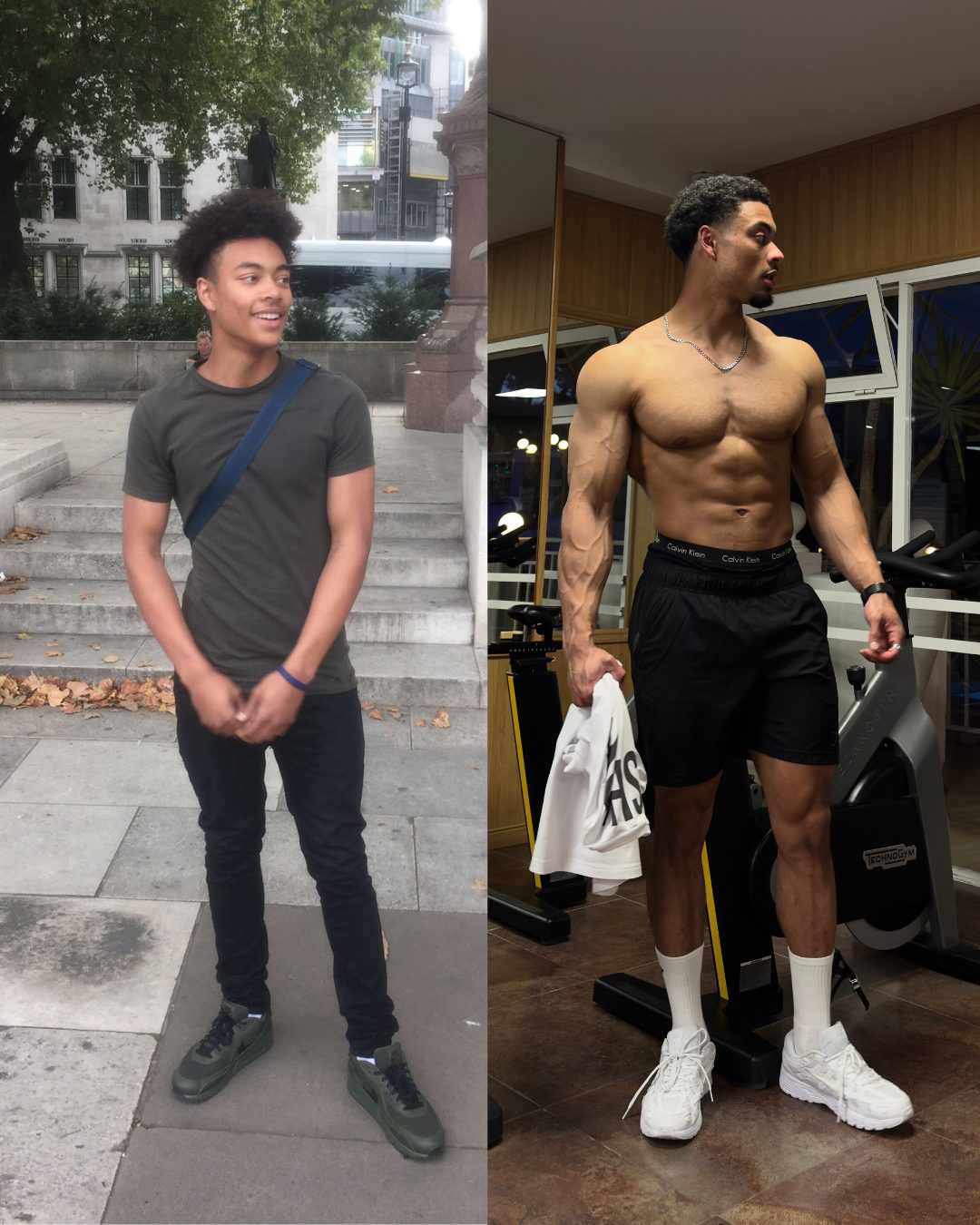 Jeffrey's transformation, slim build on the left, muscular and lean on the right